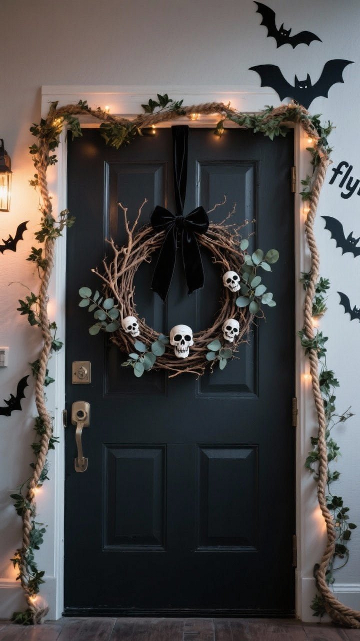 Medium, straight-on shot of a statement door: a Halloween wreath of dried branches, black eucalyptus, and mini skulls hung with black velvet ribbon centered on a deep charcoal door, with a coordinating garland of faux ivy and twisted rope lights framing the door; removable bat decals “flying” out from the upper corner; dusk lighting highlighting the door drama.
