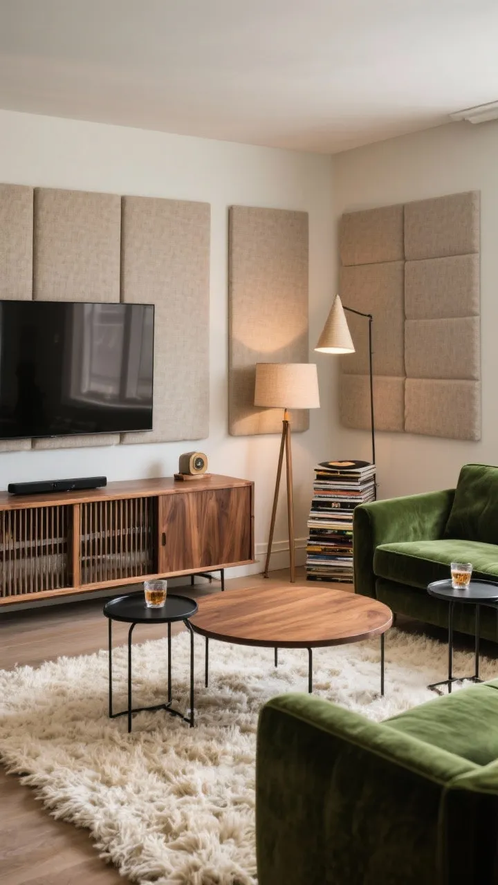 Medium-wide media room focused on texture layers: a walnut media console with sliding slat doors, paired with a deep green velvet sofa. Two black powder-coated metal side tables for drinks. On the floor, a cream shag-inspired rug under a rounded-edge wood coffee table. Walls feature acoustic panels wrapped in oatmeal fabric. Cone floor lamps provide ambient light; a stack of vintage vinyl adds character. Cozy movie-night mood, photorealistic.