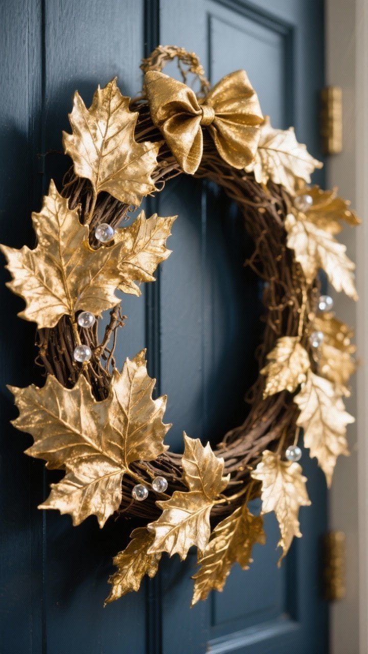 Photorealistic closeup detail of a gilded leaf grapevine wreath: layered faux maple and oak leaves sprayed in antique gold and champagne tones, all arranged in one direction for a wind-swept feel; a few delicate glass bead picks add subtle sparkle that catches late-afternoon sun; no bow, metallics are the star; shot on a navy door to emphasize warm golds