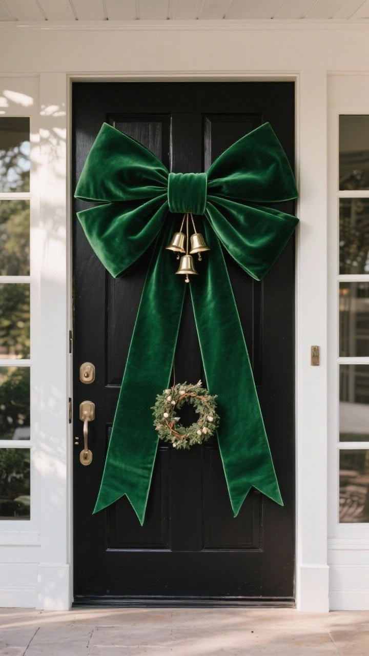 Straight-on closeup of a front door featuring an oversized bow as the sole statement: 3–4 inch wide velvet ribbon in deep green with long, dramatic tails; optional black door backdrop to enhance contrast; a small cluster of bells or a petite wreath layered under the bow for subtle detail; soft indoor-outdoor daylight glow on the ribbon’s nap.