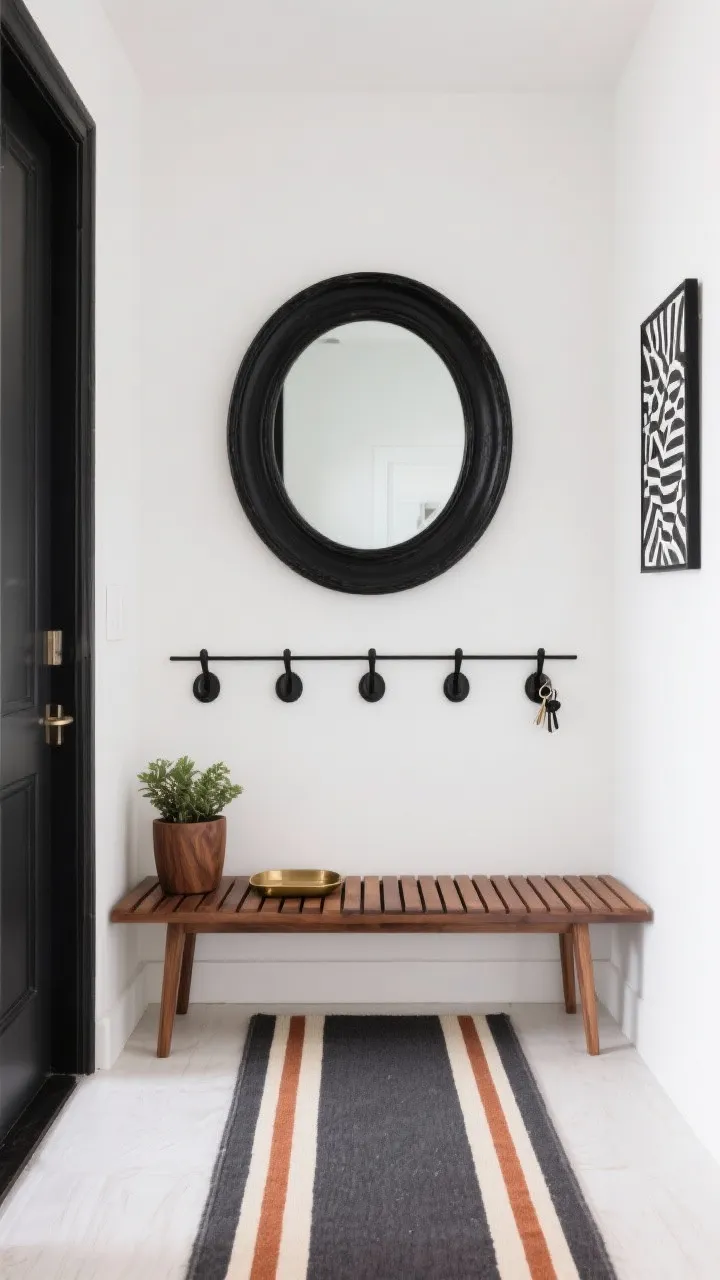 Straight-on entryway scene, minimal black-and-wood: a warm walnut slat bench beneath a large round black-framed mirror. Matte black peg hooks aligned in a simple row. Underfoot, a low-profile runner with charcoal, cream, and rust stripes. Styled with a walnut planter stand and a small brass tray for keys. A petite op-art print on one side adds a playful touch. Clean, welcoming, photorealistic.