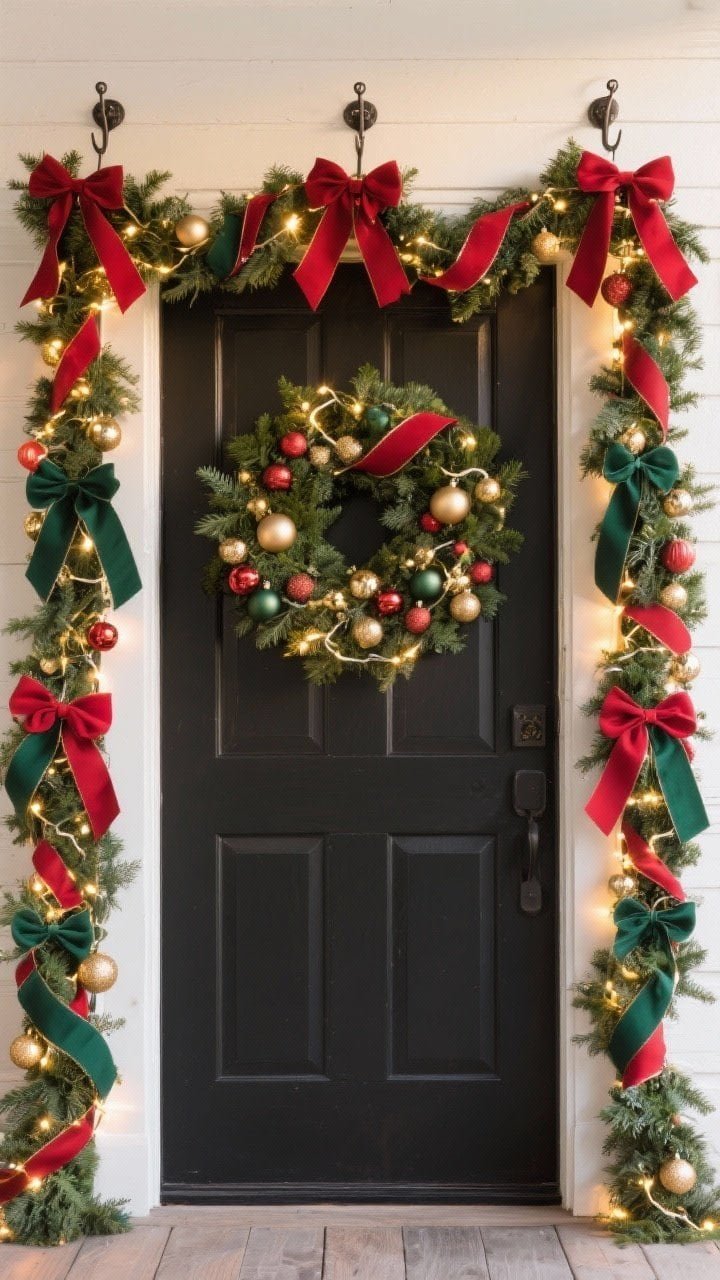 Straight-on medium shot of a door framed with full garland and layered ribbons: removable outdoor hooks at the two upper corners and top center provide invisible support; ribbon loops appear every 18–24 inches for rhythm; ornaments limited to two colors and one metallic (e.g., red, deep green, and gold) to avoid chaos; warm white lights woven in for a soft glow.