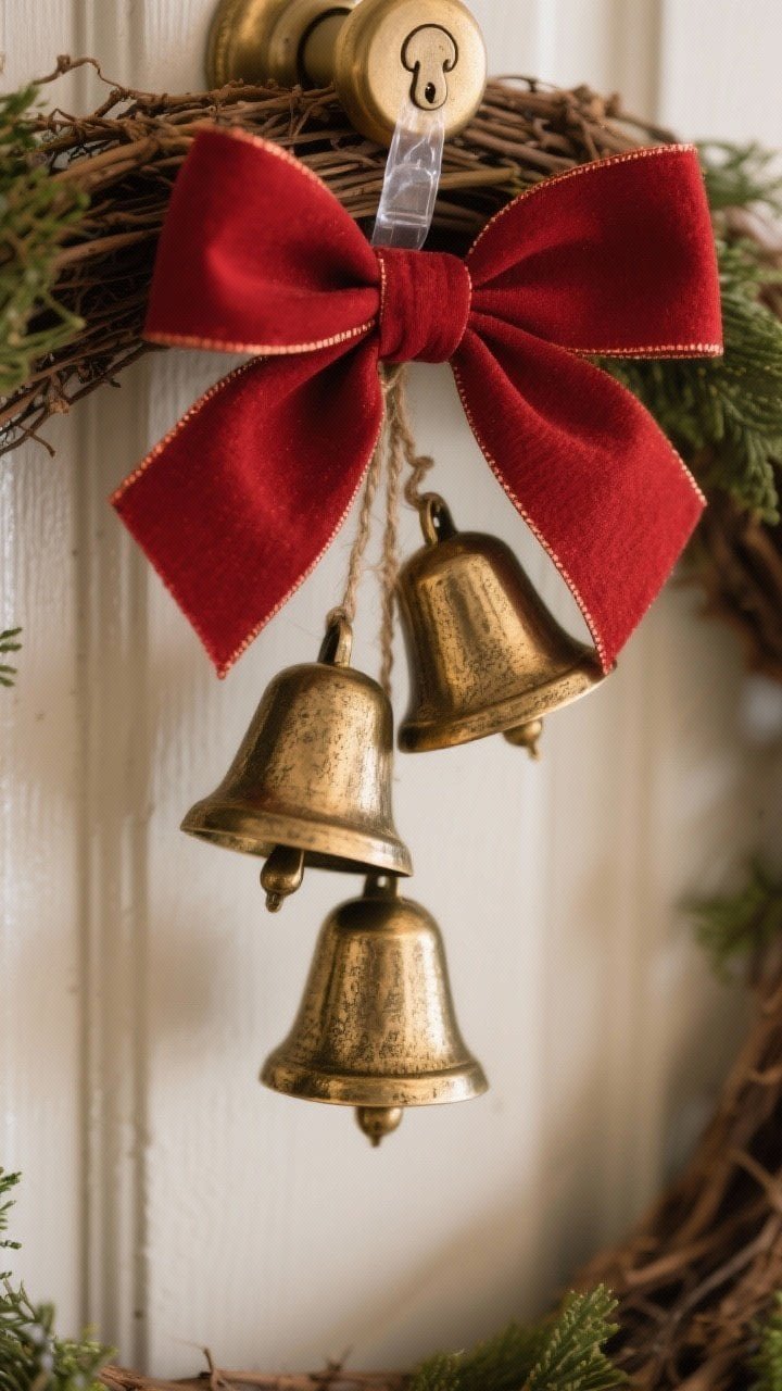 Tight closeup of a ribbon-tied cluster of bells hanging from the center of a wreath or the doorknob: three staggered bells in antique brass for cozy warmth; deep red ribbon bow securing them; visible texture on the metal finish; soft ambient light and a hint of surrounding greenery; a tiny piece of clear tape subtly securing the bells for quieter movement.