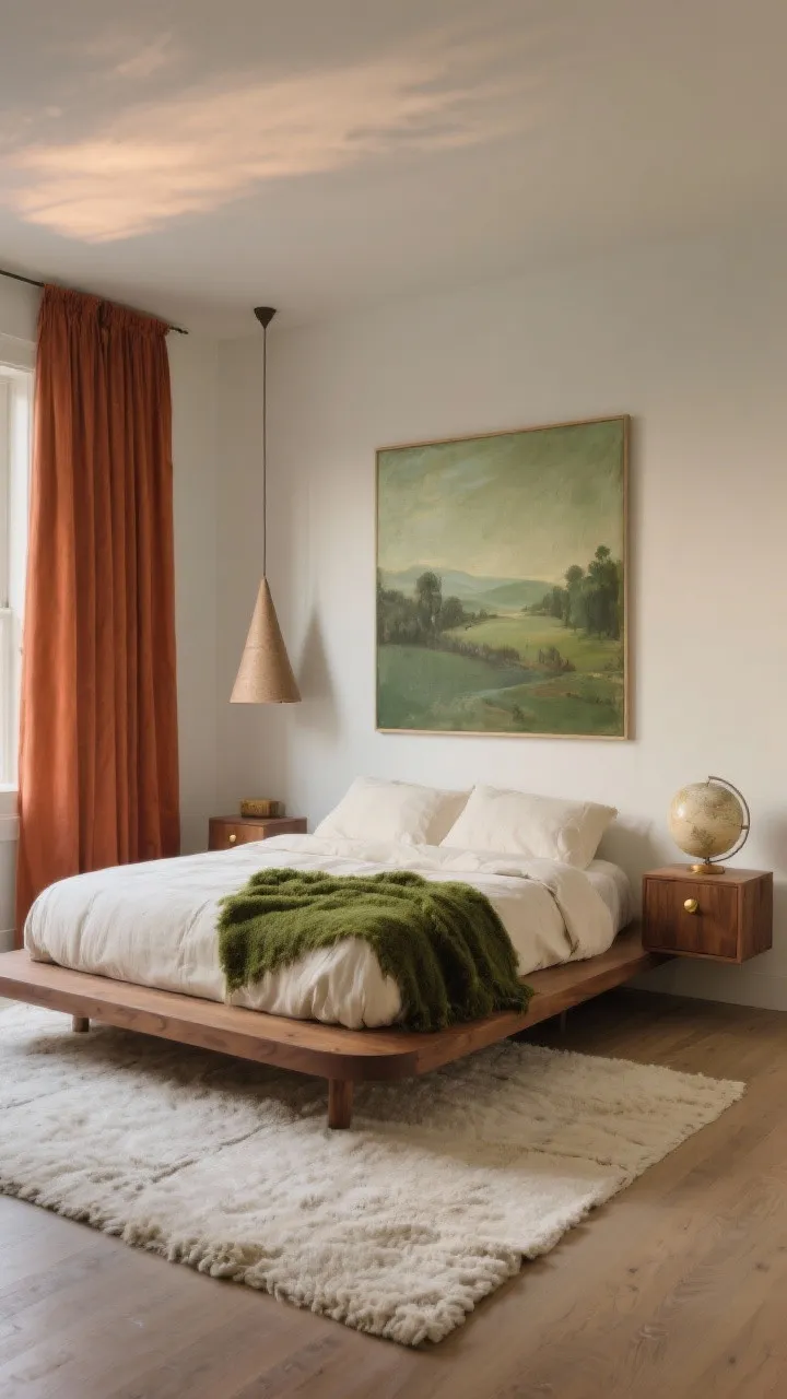 Wide bedroom shot with a low walnut platform bed with rounded corners, dressed in ecru linen and a moss throw. Floating box nightstands with tiny brass knobs. Terracotta curtains add warmth. On one side, a cone-shaped ceramic pendant; on the other, a globe lamp. An oversized oil landscape in muted greens hangs above. A nubby ivory rug softens the floor. Sleepy calm mood, natural evening light, photorealistic.