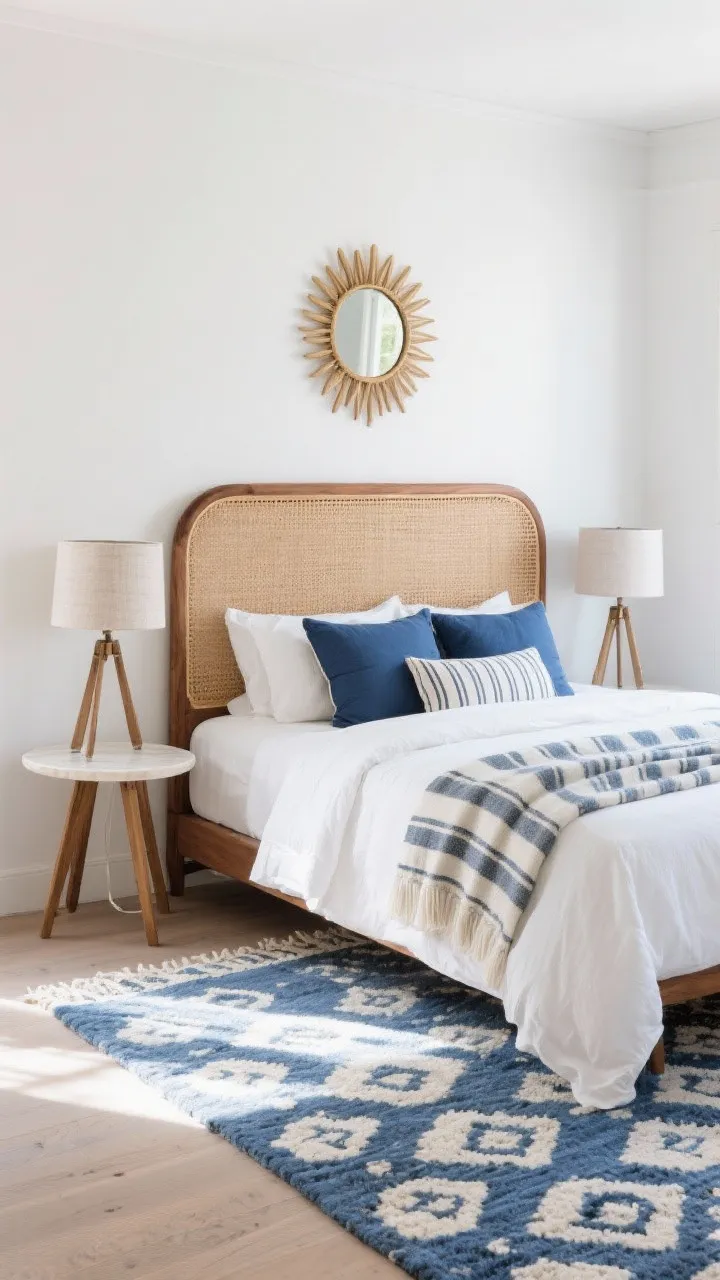 Wide guest room, breezy and light: a cane headboard framed in walnut with crisp white percale bedding, layered with indigo shams and a striped throw. Bedside tripod lamps with linen shades flank a tiny round table instead of a heavy nightstand. A blue-and-ivory kilim rug ties the palette together. A simple sunburst mirror on the wall nods to mid-century style. Airy daylight, photorealistic.