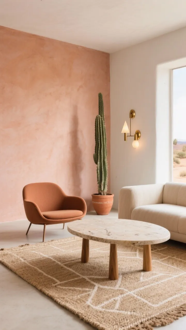 Wide living room with desert modern vibe: sand-colored sofa, curved accent chair in clay, and an oval travertine coffee table with tapered oak legs. One wall painted Adobe blush, others off-white. A jute-and-wool rug with simple geometric pattern grounds the space. A tall cactus in a terracotta pot stands near brass cone sconces that add soft evening glow. Sun-baked hues, soft geometry, photorealistic.
