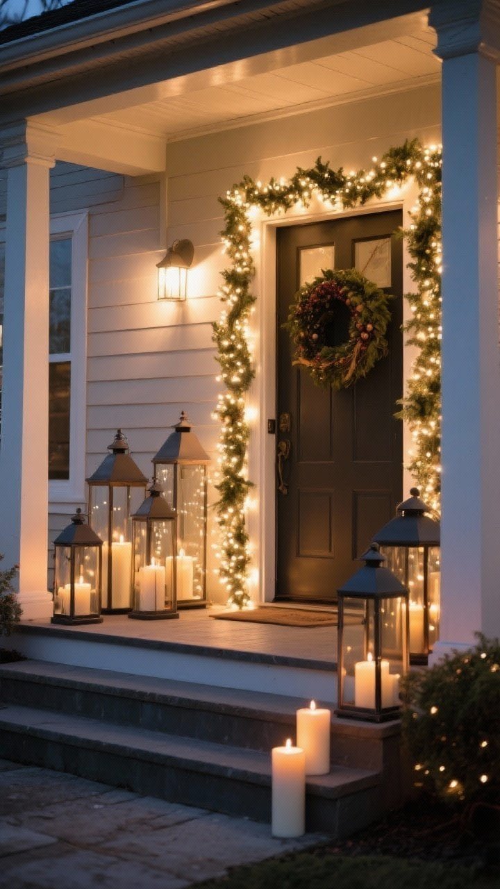 Wide shot of a Christmas-lit porch at dusk: warm white LED string lights outlining the doorframe and woven into garland, a cluster of 2–3 lanterns of different heights beside the steps with flameless pillar candles on timers, and a subtle uplight aimed at a wreath to create a gentle spotlight; overall ambiance is warm and inviting without being overly bright.