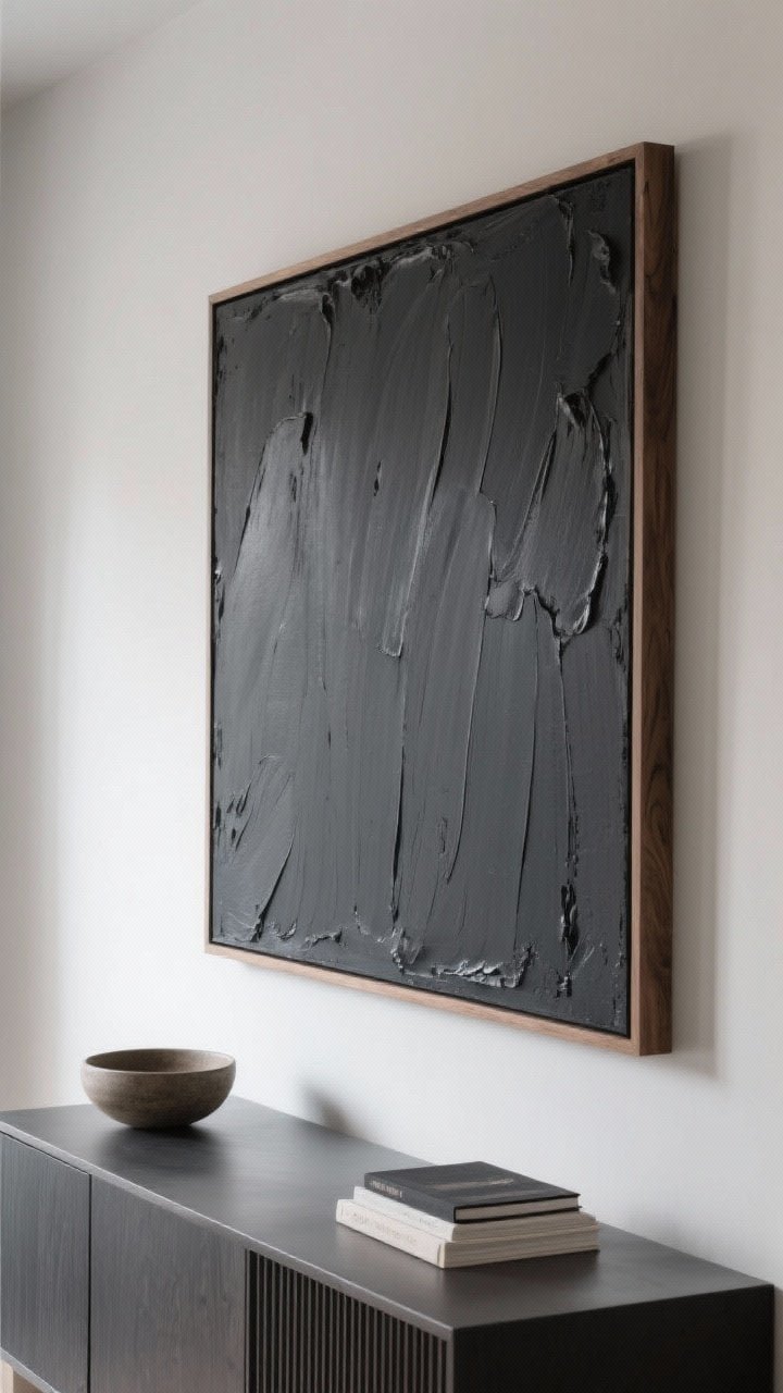 Wide shot of an oversized monochrome canvas over a console: 48-inch-wide canvas painted in a single moody charcoal tone; tonal texture created with gesso and joint compound applied in sweeping strokes using a plaster knife, lightly sanded for refined ridges; clean edges and a simple natural-wood floater frame; quiet drama as side lighting casts delicate shadows across the texture; pared-back styling below with a small ceramic bowl and closed books, modern and intentional.