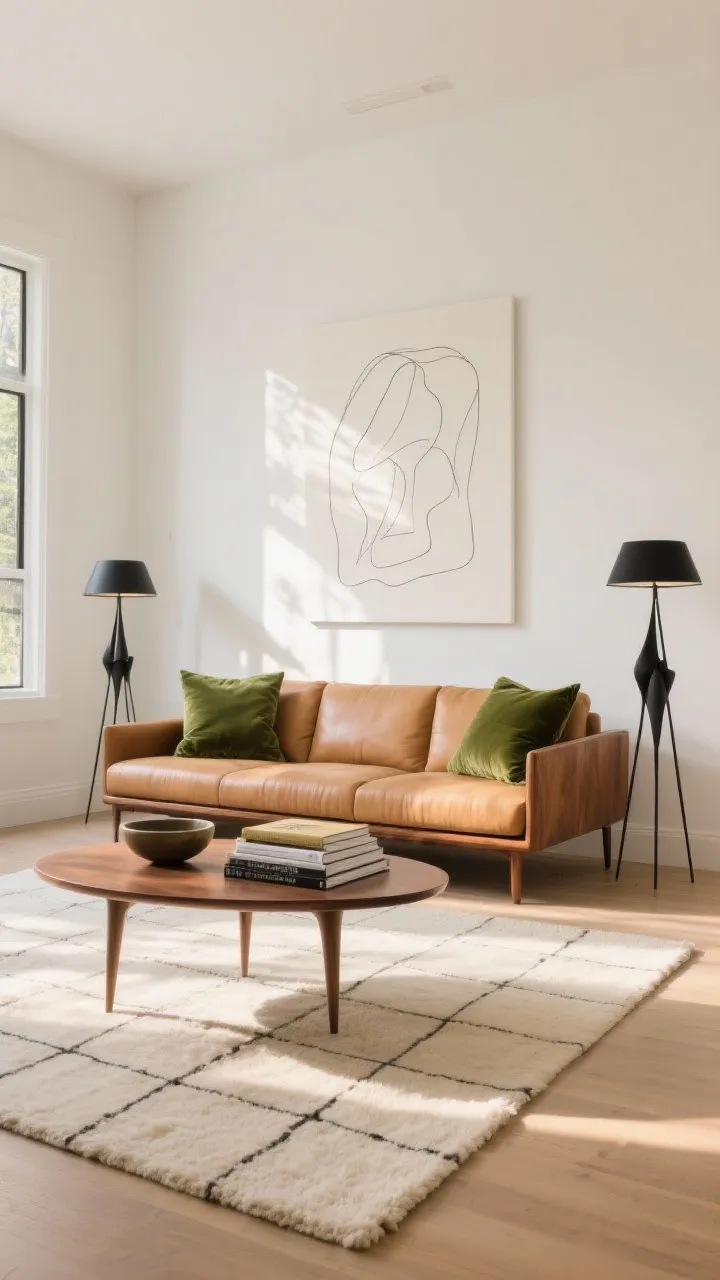 Wide shot, sunlit modern mid-century lounge with soft white walls: a low-profile warm walnut sofa with light camel leather cushions, flanked by two matte black sculptural tripod floor lamps. A kidney-shaped coffee table with tapered legs sits over a cream wool rug with a subtle grid. A giant abstract line drawing anchors the wall. Style details: olive green velvet pillows, a neat stack of design books, and a sleek ceramic bowl on the coffee table. Golden-hour natural light, clean gallery feel, no people, photorealistic.