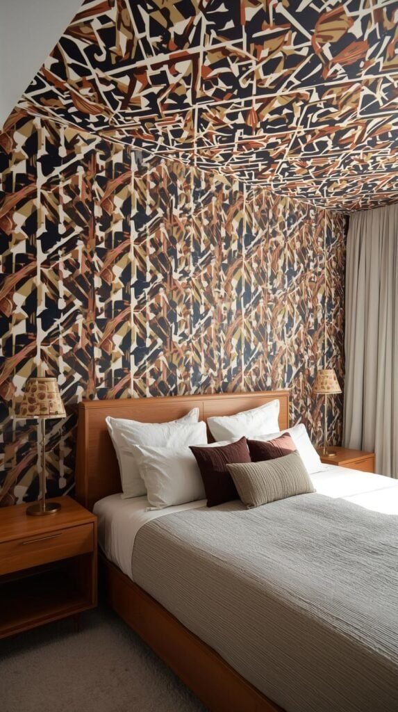 A bedroom with a bold wallpaper accent wall extended up onto the ceiling, simple bedding, warm wood nightstands.