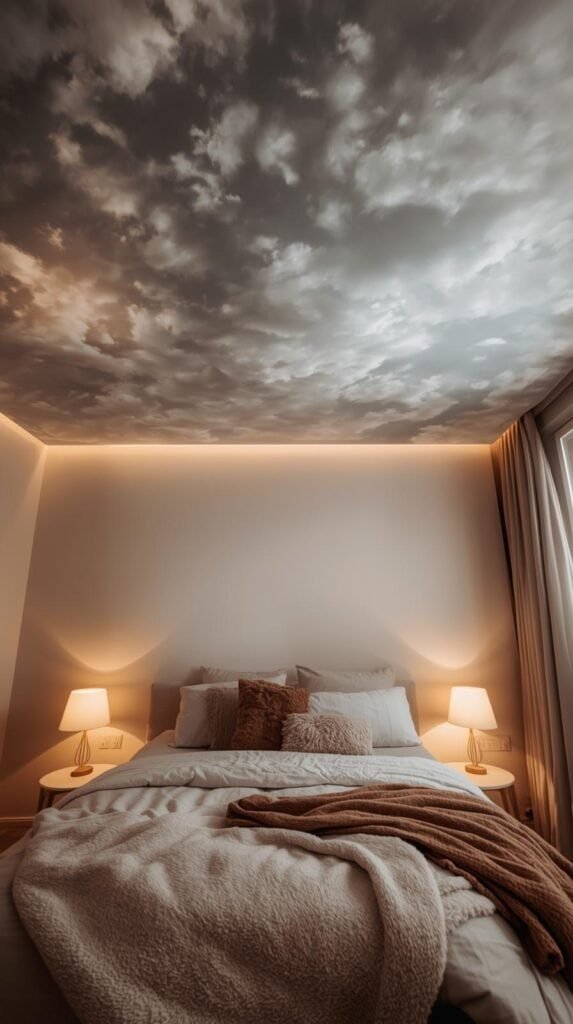 A bedroom with a cloud mural wallpaper ceiling, soft neutral bedding, warm lamps, cozy fabrics, minimalist layout.