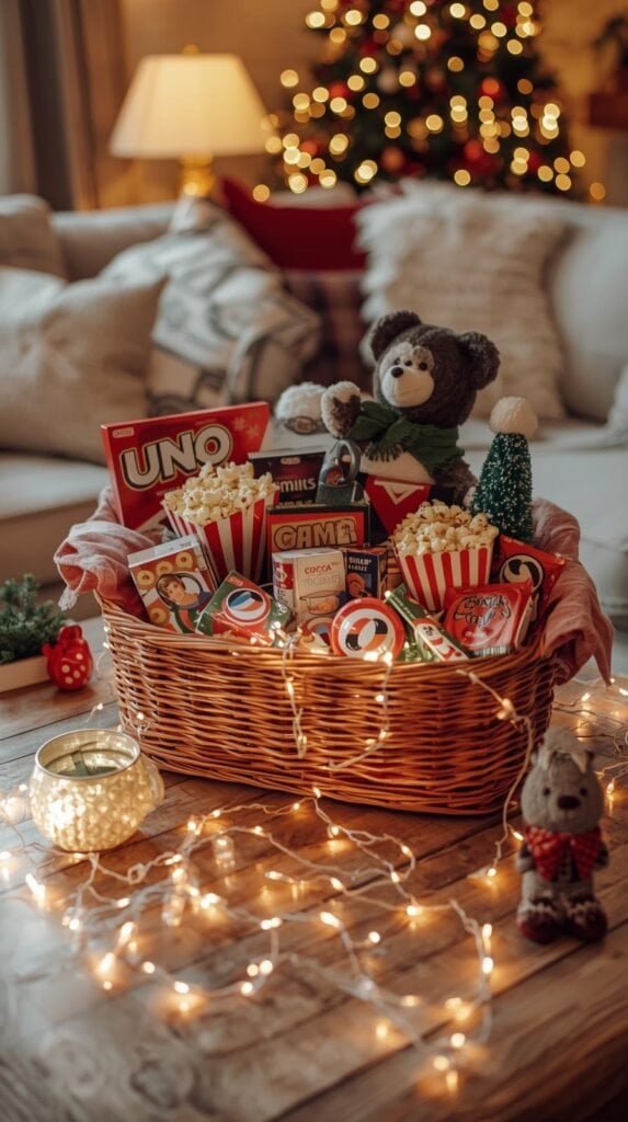 A cheerful holiday scene featuring a family-style game night gift basket on a cozy coffee table.
