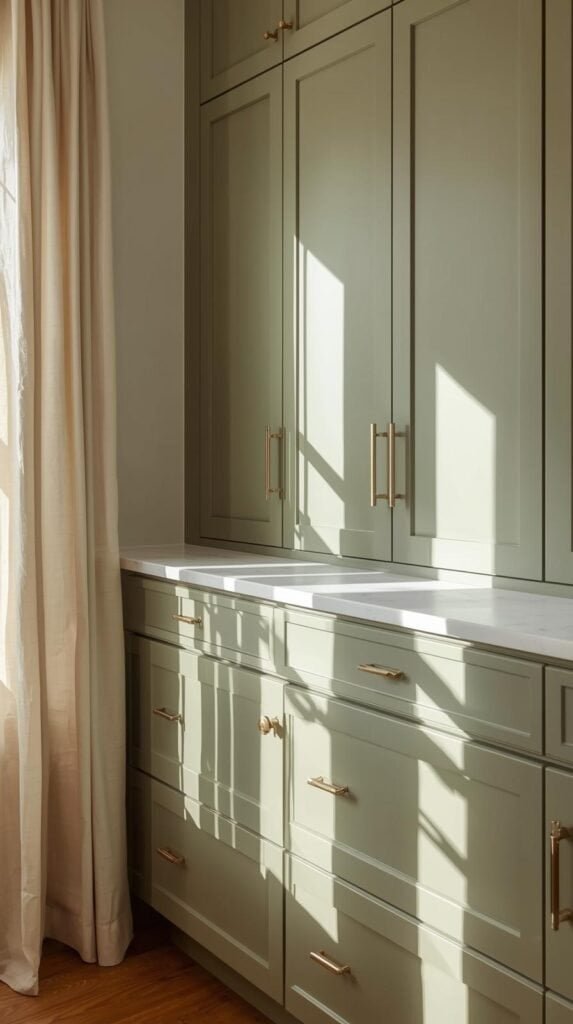 A close-up of painted shaker-style cabinets in matte sage green with brushed brass handles.