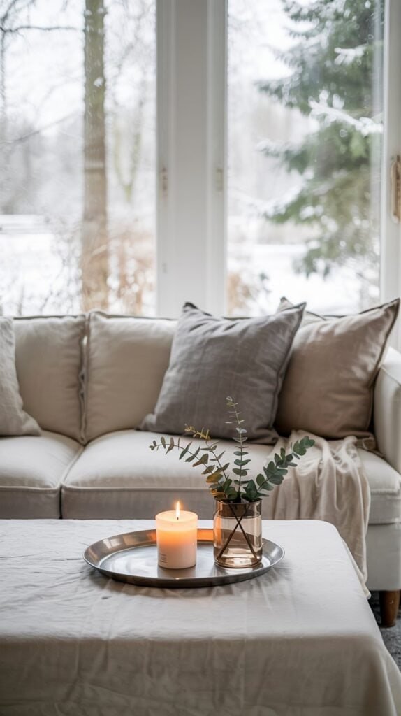 A cozy living room with neutral tones, cleared of Christmas decor.