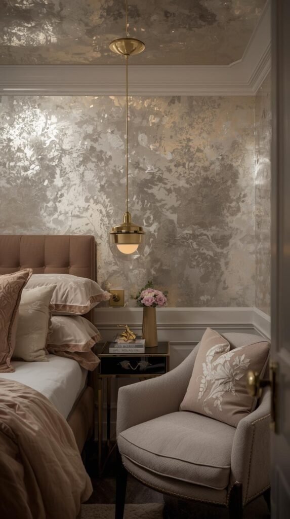 A sophisticated bedroom with pearlized wallpaper on the ceiling, velvet pillows, boucle chair, gold hardware.