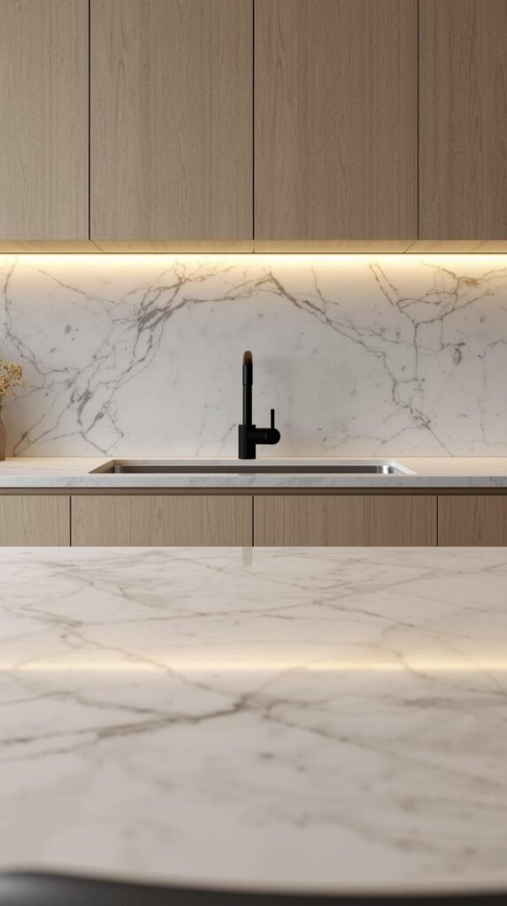 A stylish kitchen showcasing faux marble epoxy countertops paired with light wood cabinetry.