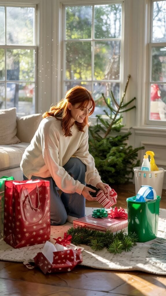 A woman quickly tidying a living room filled with post-holiday mess — wrapping paper, gift bags, pine needles.