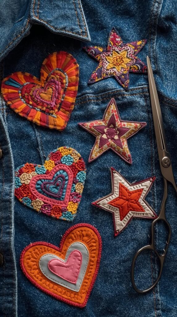 Assorted appliqué patches cut from colorful cotton and canvas scraps in heart and star shapes, arranged beside denim jacket.