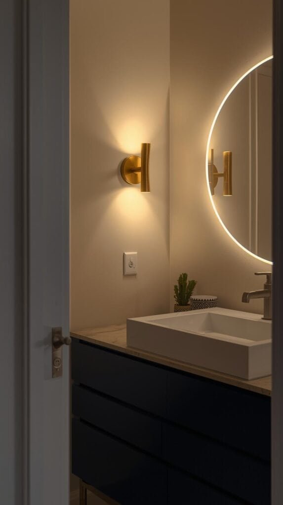 Bathroom vanity area illuminated by a brushed brass wall sconce and round mirror