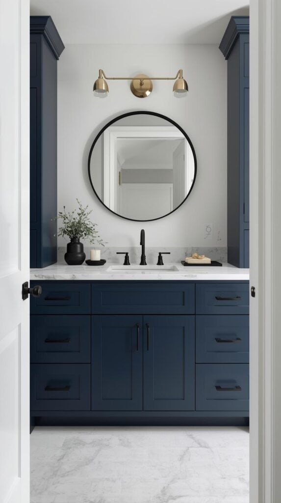 Bathroom vanity with deep navy cabinetry, matte black hardware, marble style countertop, brushed brass sconce lighting, round black mirror.