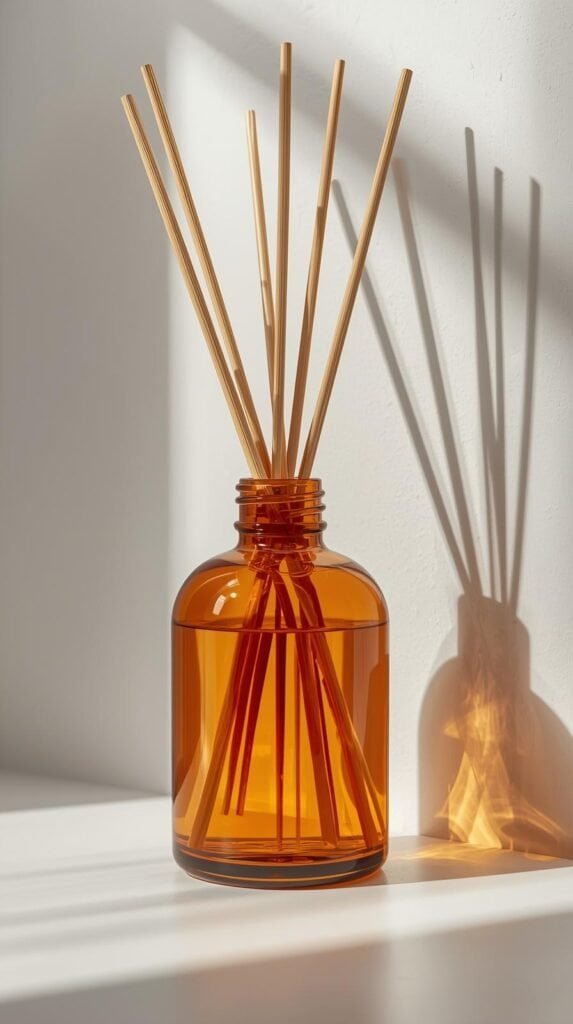 Close-up of natural rattan reeds absorbing diffuser liquid inside a sleek amber glass bottle.