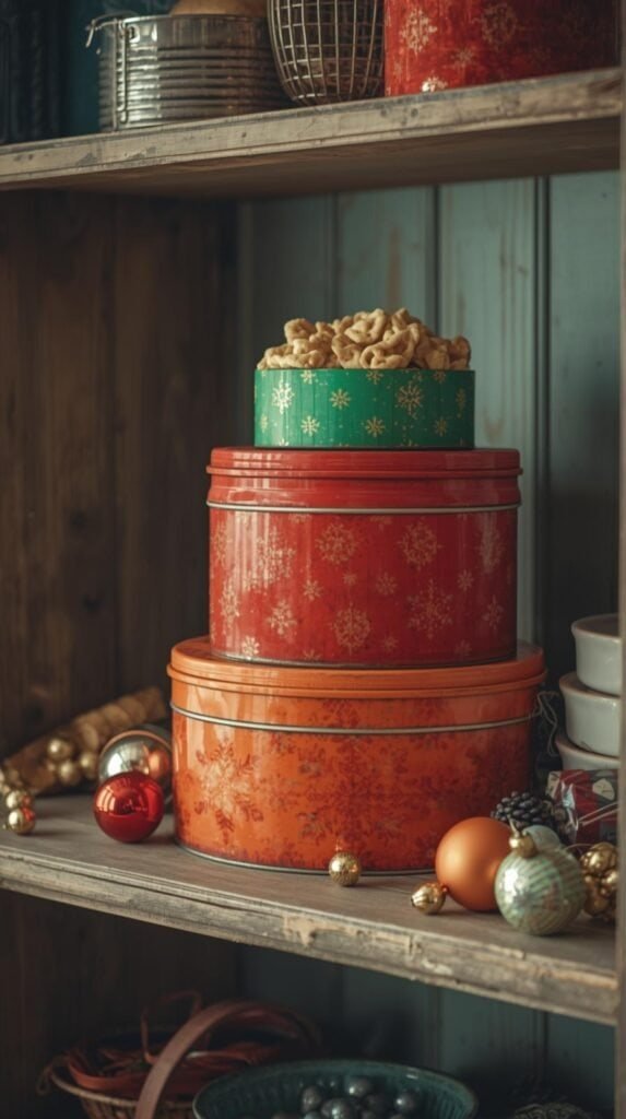 Colorful vintage cookie tins stacked on open kitchen shelving with Christmas treats, ornaments, and a nostalgic feel.