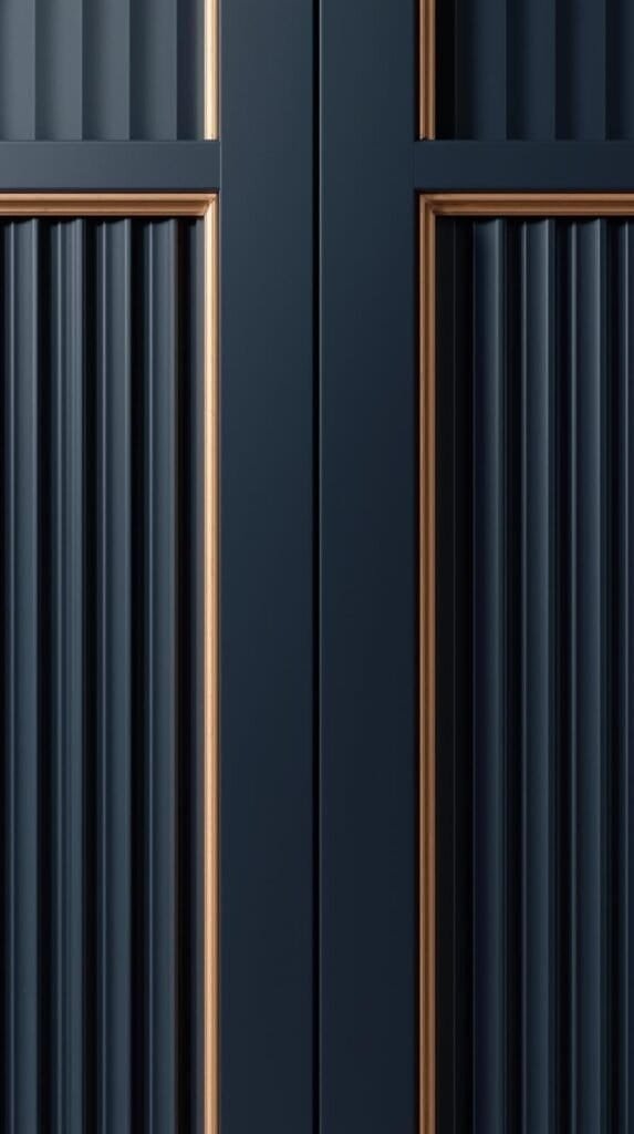 Deep navy vanity with vertical fluted wood trim added to the doors, close-up on the texture.
