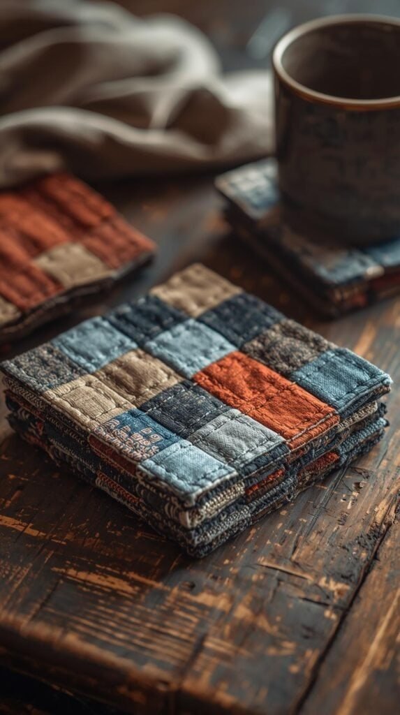 Handmade patchwork fabric coasters in mixed cotton, denim, and flannel scraps, quilted stitching visible, stacked neatly.