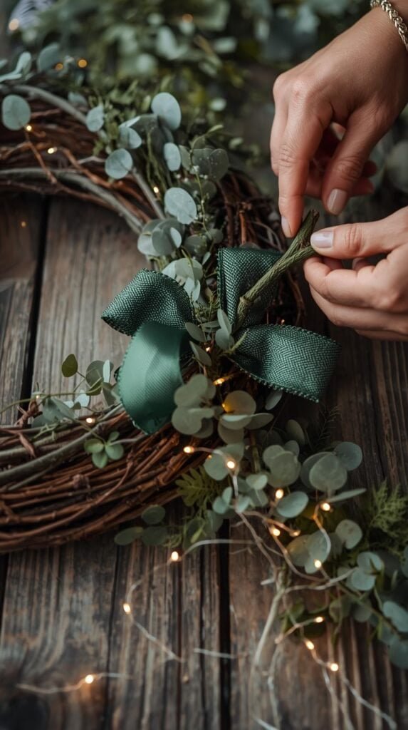 Hands crafting a wreath using a recycled grapevine base, greenery, ribbon, and fairy lights on a wooden tabletop.