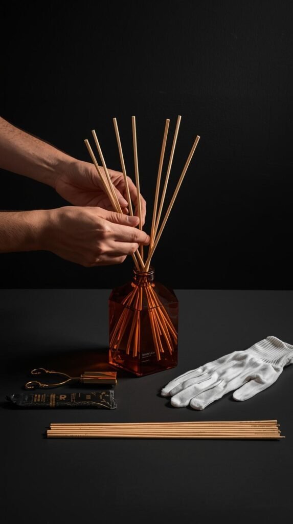 Hands replacing saturated reeds in a modern amber diffuser bottle beside refill tools, gloves, and fresh reeds