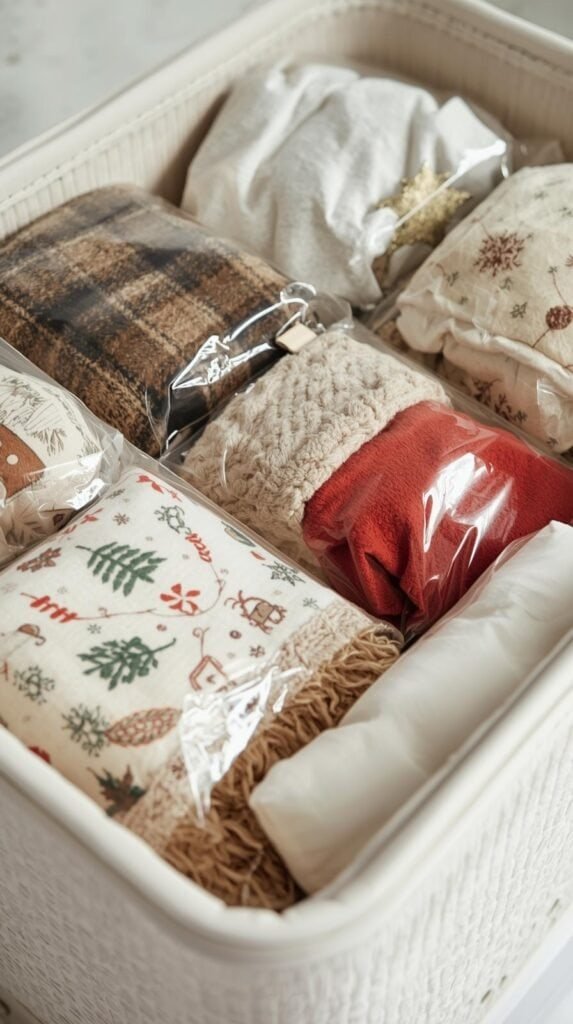 Holiday blankets, stockings, and pillows compressed inside vacuum-sealed bags, placed inside a clean storage bin.