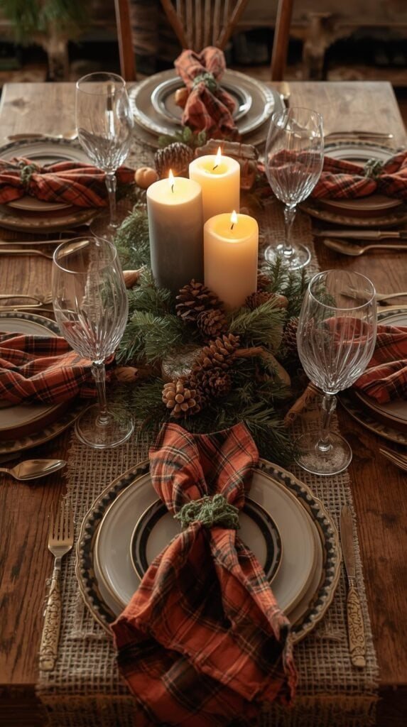 Holiday table setting featuring vintage plaid linens, embroidered napkins, and a rustic centerpiece with candles and pinecones.