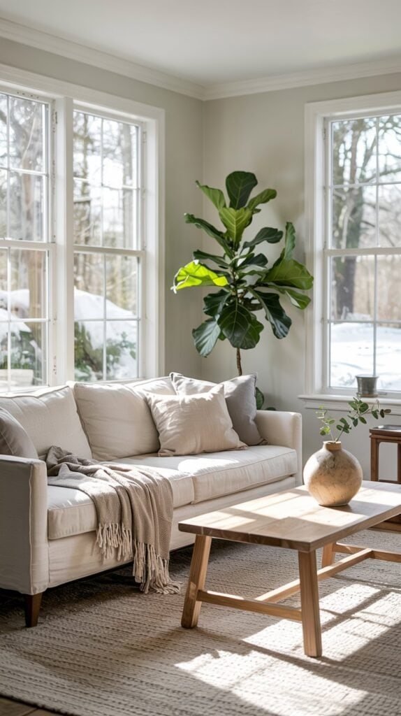 Wide shot of a calm, clutter-free living room with soft daylight and subtle January decor.