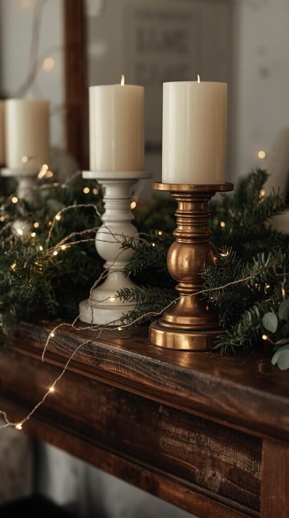 Mismatched wooden candle holders painted white and gold, arranged on a mantel or dining table surrounded by greenery and fairy lights.