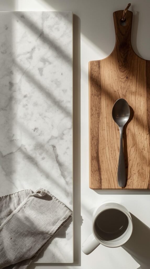 Mixed kitchen materials: quartz slab, wood cutting board, linen napkin, metal spoon, and ceramic cup.