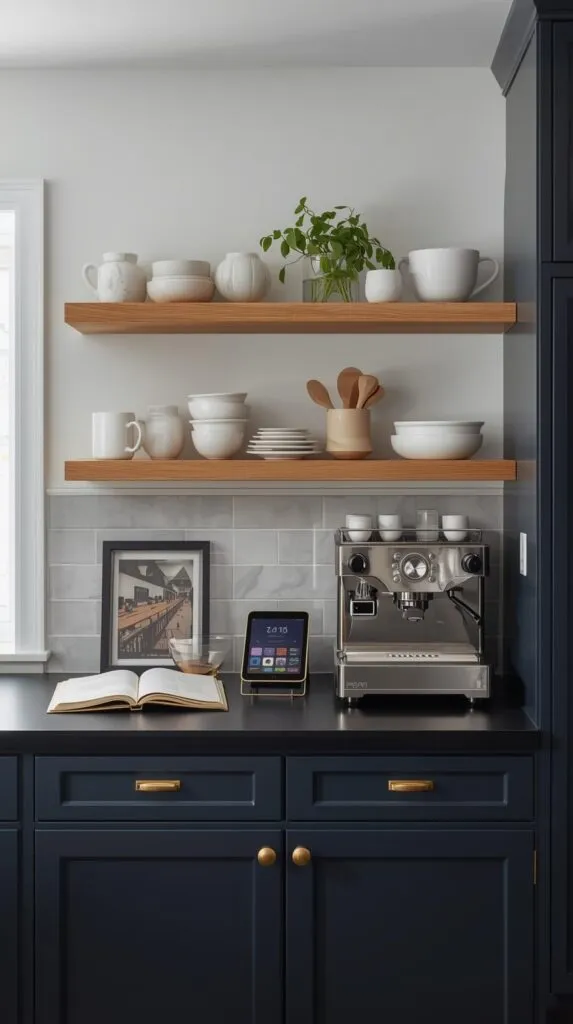 Modern coffee station in a stylish kitchen featuring dark navy cabinetry with brass hardware.