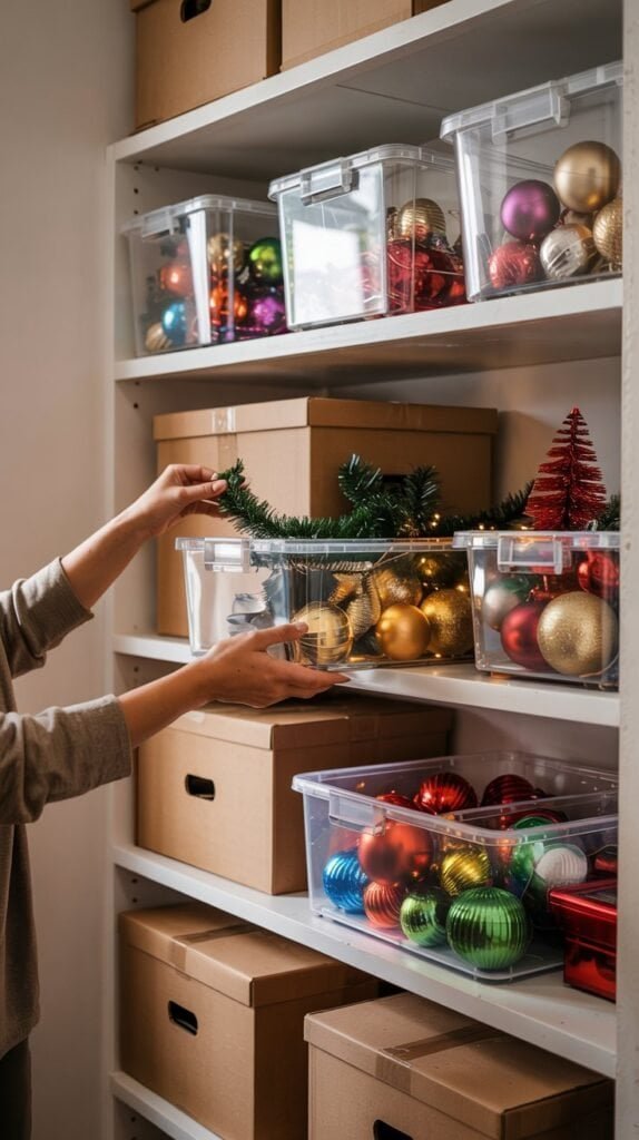 Organized holiday storage setup labeled clear bins filled with ornaments, lights, and garlands.