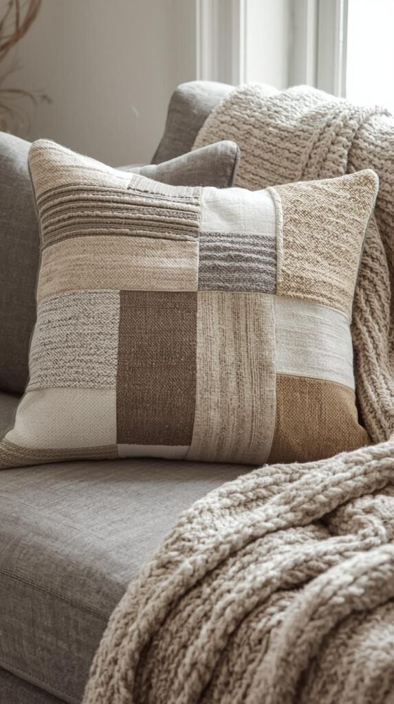 Patchwork throw pillow made from mixed fabric scraps including linen, flannel, and boucle, displayed on a modern sofa.