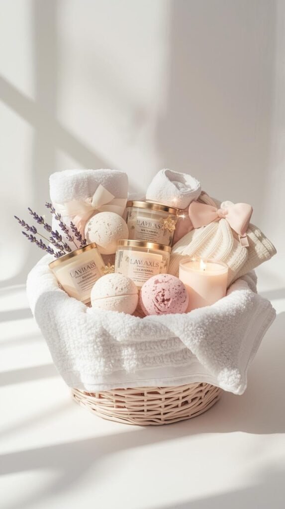 A neatly styled spa-themed Christmas basket filled with bath bombs, soy candles, fuzzy socks, and lavender sprigs.