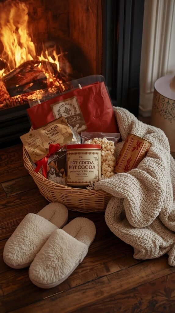 A Christmas-themed cozy basket with hot cocoa mix, popcorn, fuzzy slippers, and a folded throw blanket beside a fireplace.