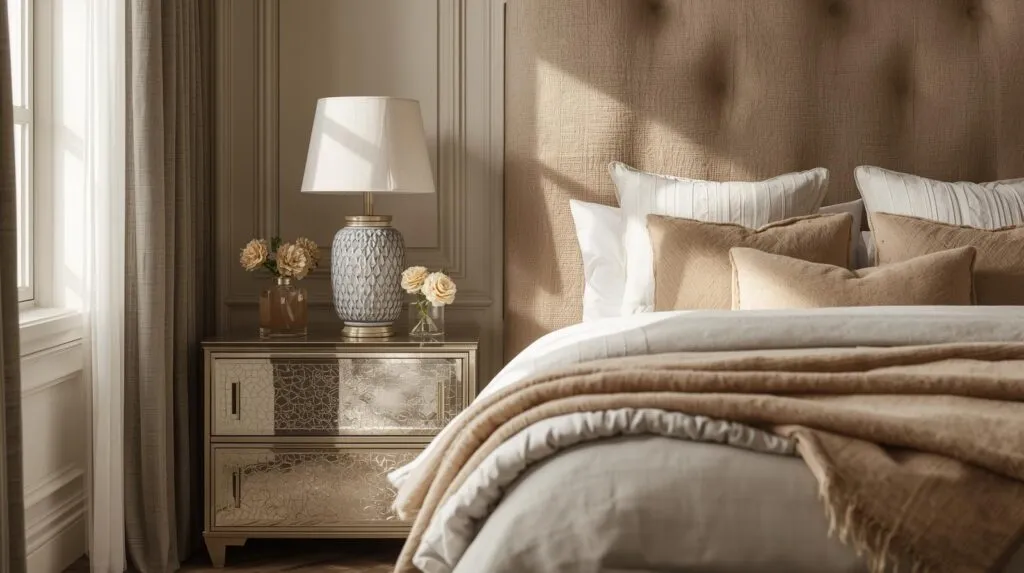 A beautifully styled bedroom with an upgraded nightstand and luxurious bed setup, layered bedding.