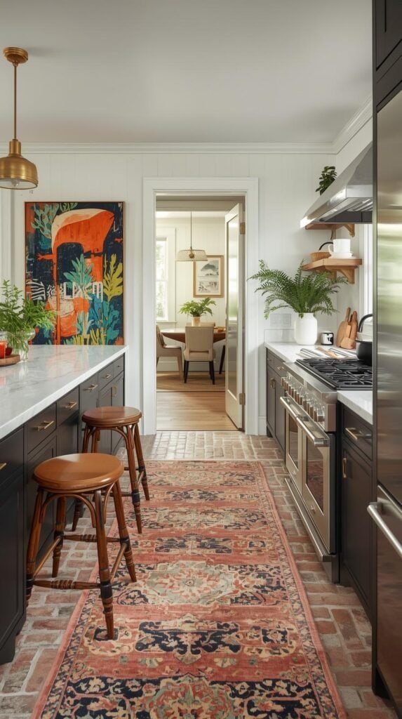 A bright modern eclectic kitchen decor blending vintage and contemporary elements; black shaker cabinets, brass hardware, marble countertops, rustic brick flooring, vintage rug, antique-inspired stools paired with sleek stainless appliances; colorful modern art on walls; plants and warm daylight filling the room; full wide-angle kitchen shot.