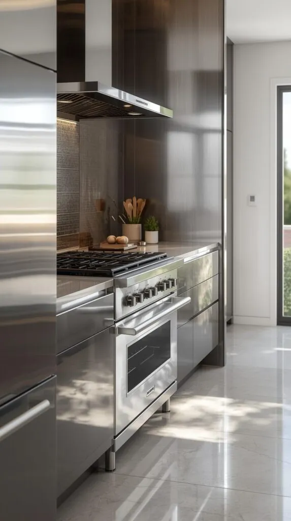 Text Overlay in bold white modern font with black background: How to Get Stainless Steel Appliances Streak-Free.