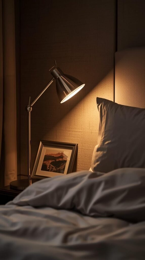A modern bedroom vignette showing a chrome bedside lamp, chrome picture frame, and soft-textured bedding.