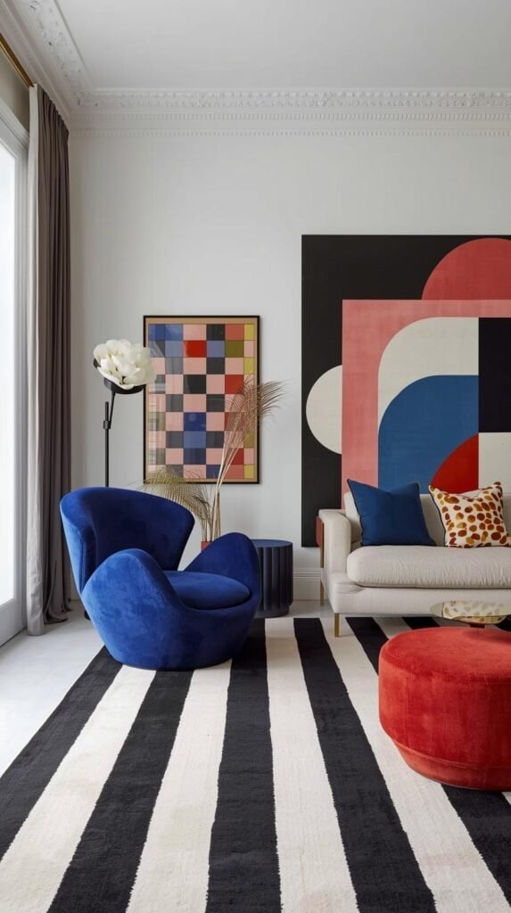A playful, sculptural living room featuring a curved accent chair, high-contrast striped rug, oversized geometric artwork, and checkerboard elements. Bold color pops like cobalt or red.