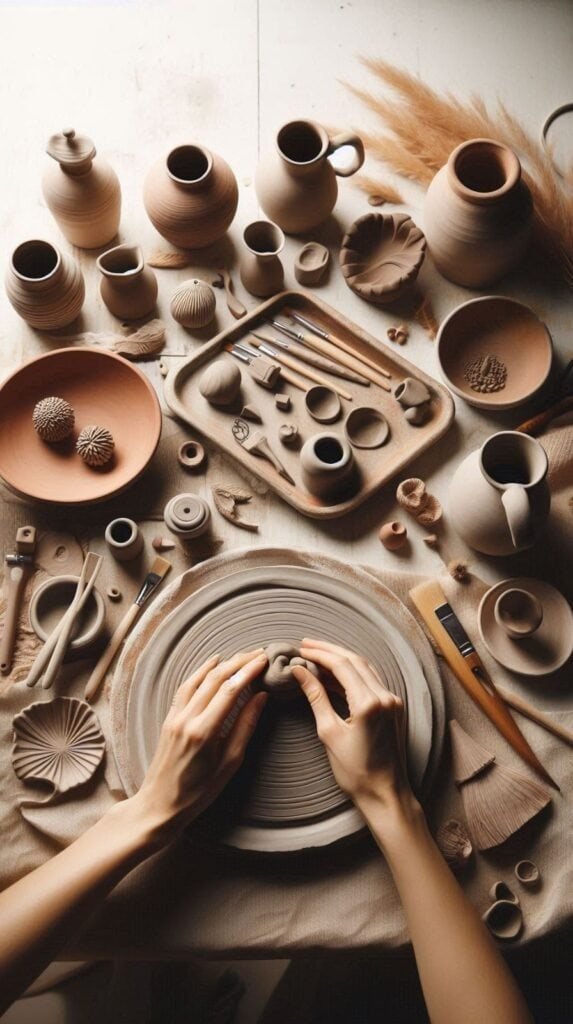 Adult hands shaping air-dry clay on a ceramic tray, small handmade trinket dishes and minimalist vases, neutral clay tones, sculpting tools nearby, natural light mixed with warm lamp glow, modern boho aesthetic, tactile textures emphasized, Pinterest-style vertical photography