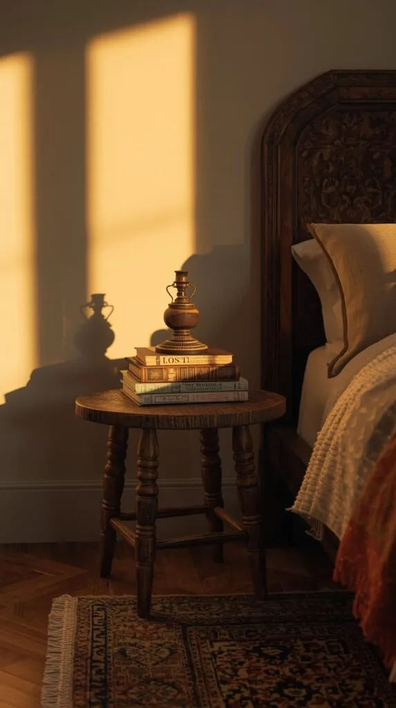 Bedroom scene with a vintage wooden stool used as a nightstand, small lamp on top, book stack, cozy rug underneath.