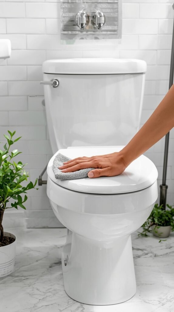Bright lifestyle photo of someone wiping the exterior of a toilet with a microfiber cloth, modern bathroom with white tile.