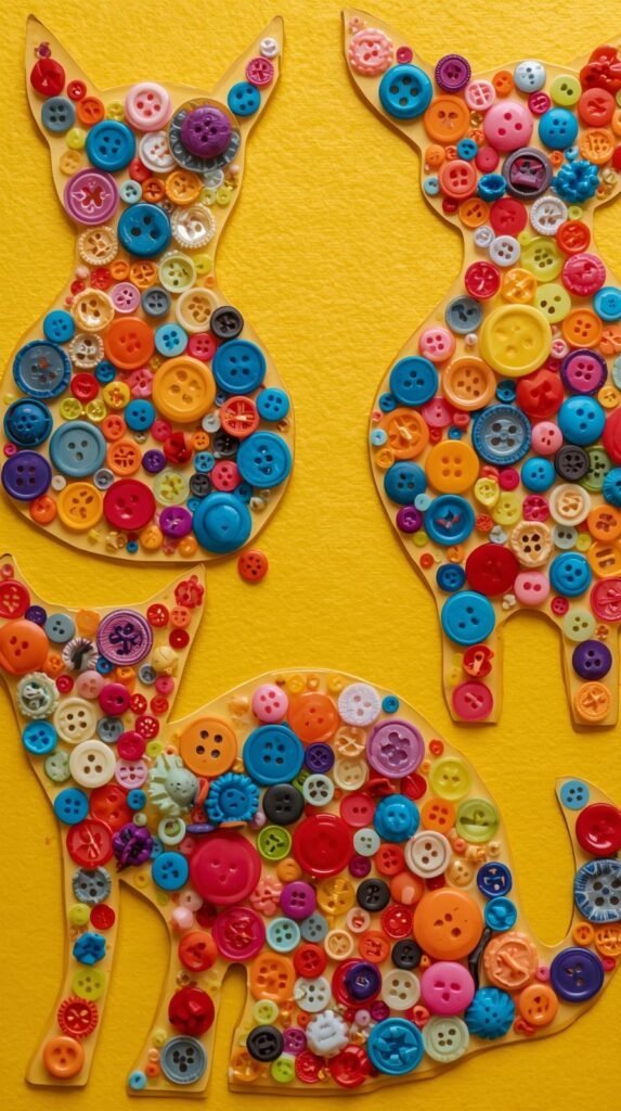 Button filled animal outline artwork on cardstock, mix of colorful and textured buttons glued inside shapes, bright kids’ crafting atmosphere.
