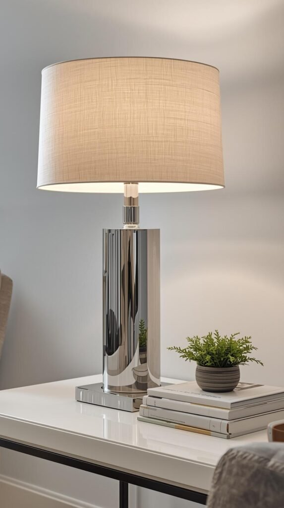 Close-up of a chrome table lamp on a modern side table, soft warm lighting, linen shade.